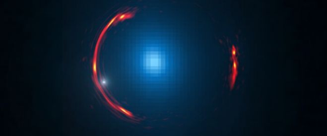 Composite image of the gravitational lens SDP.81 showing the distorted image of the more distant galaxy (red arcs) and the nearby lensing galaxy (blue center object). By analyzing the distortions in the ring, astronomers have determined that a dark dwarf galaxy (data indicated by white dot near left lower arc segment) is lurking nearly 4 billion light-years away. (Image credit: Y. Hezaveh; ALMA)